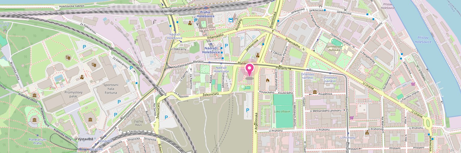 Mapa okolí ordinace – Plynární 1617/10, Praha 7 – Holešovice, u stanice Nádraží Holešovice